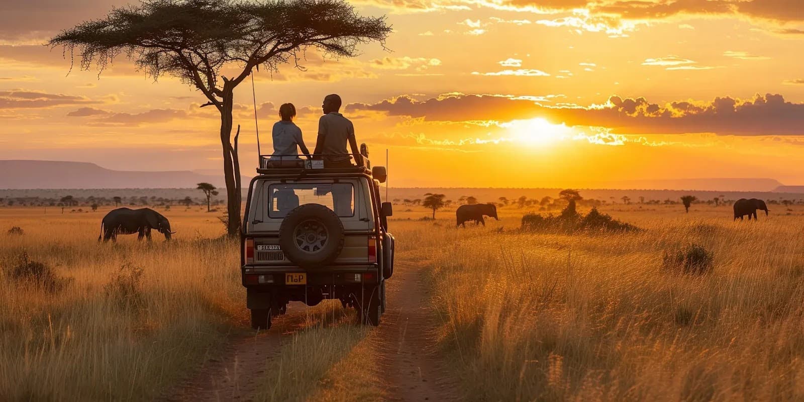 Safari sunset with elephants and vehicle silhouette