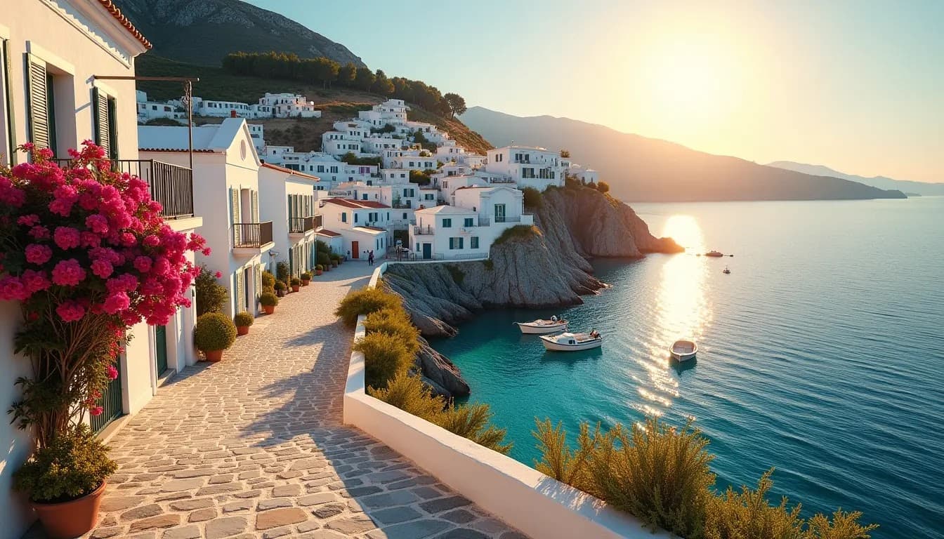 White Greek coastal buildings with pink flowers and turquoise waters